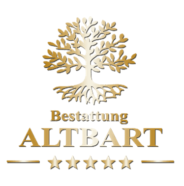 Ein goldenes Baumlogo über dem Wort Bestattung und ALTBART in großen goldenen Buchstaben, mit fünf goldenen Sternen darunter, alles auf weißem Hintergrund.